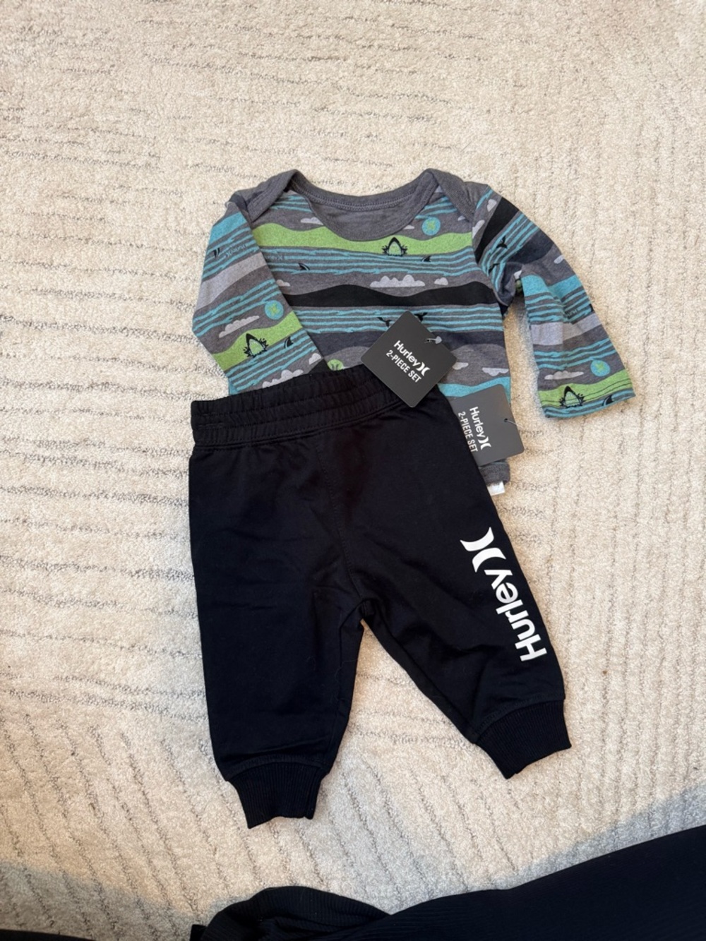 Hurley Baby Set - Green, Blue, Gray Striped Top with Black Pants